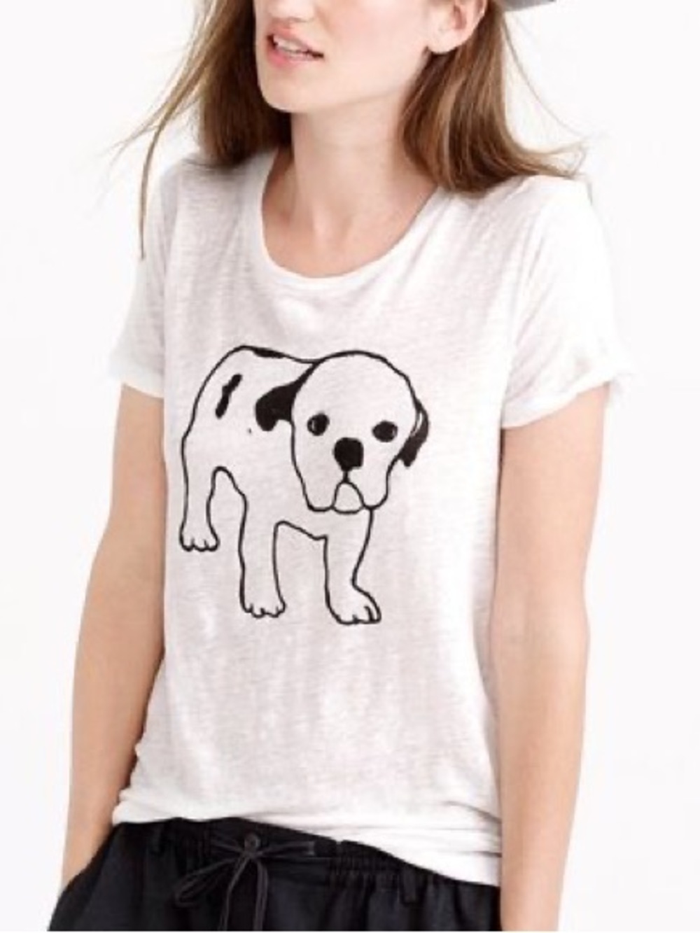 Hugo Guinness for J.Crew White 100% Linen Graphic Puppy Dog T-Shirt Size Medium